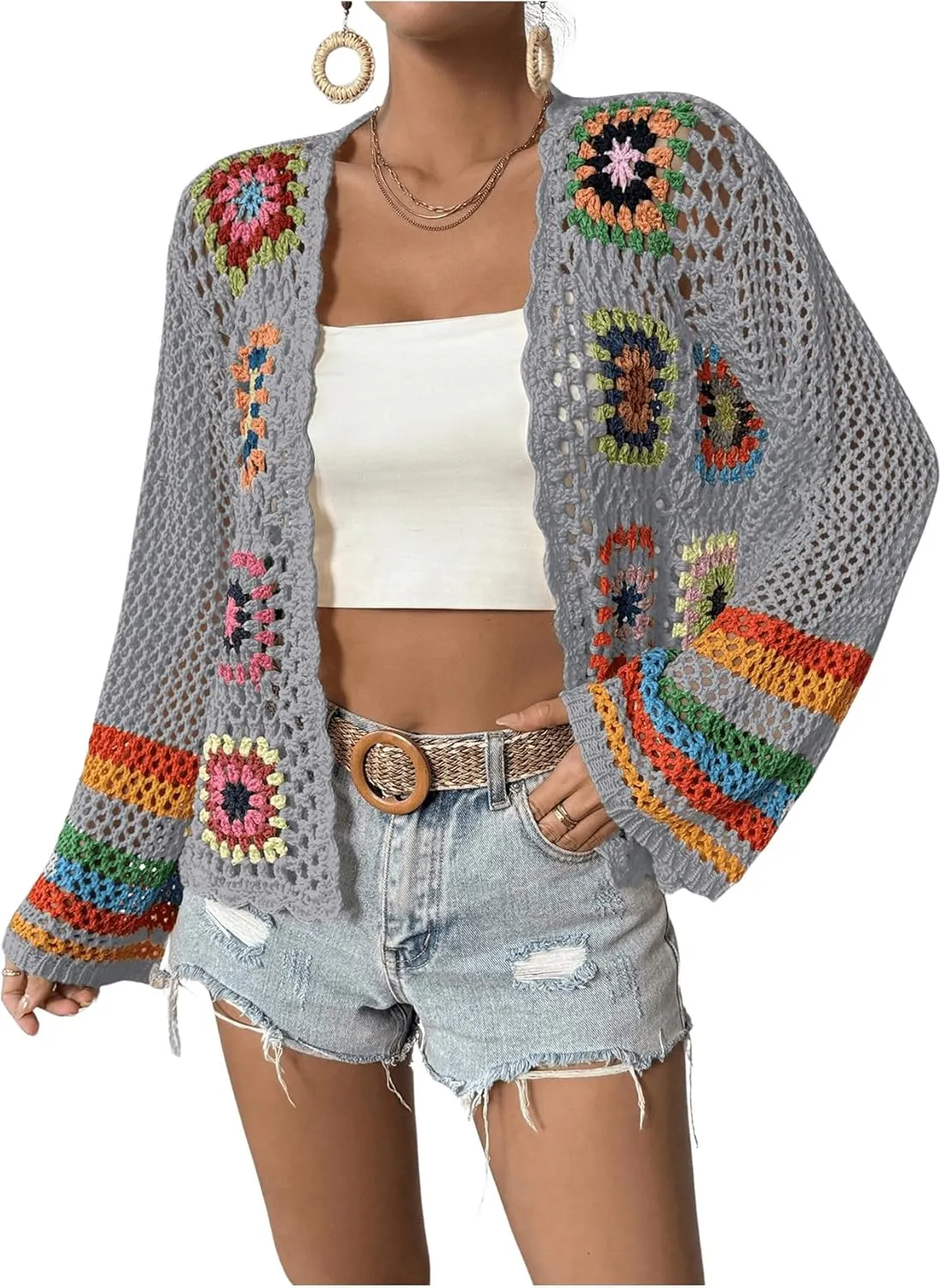 SHENHE Women's Floral Crochet Cardigan Hollow Out Open Front Long Sleeve Cardigan Sweater