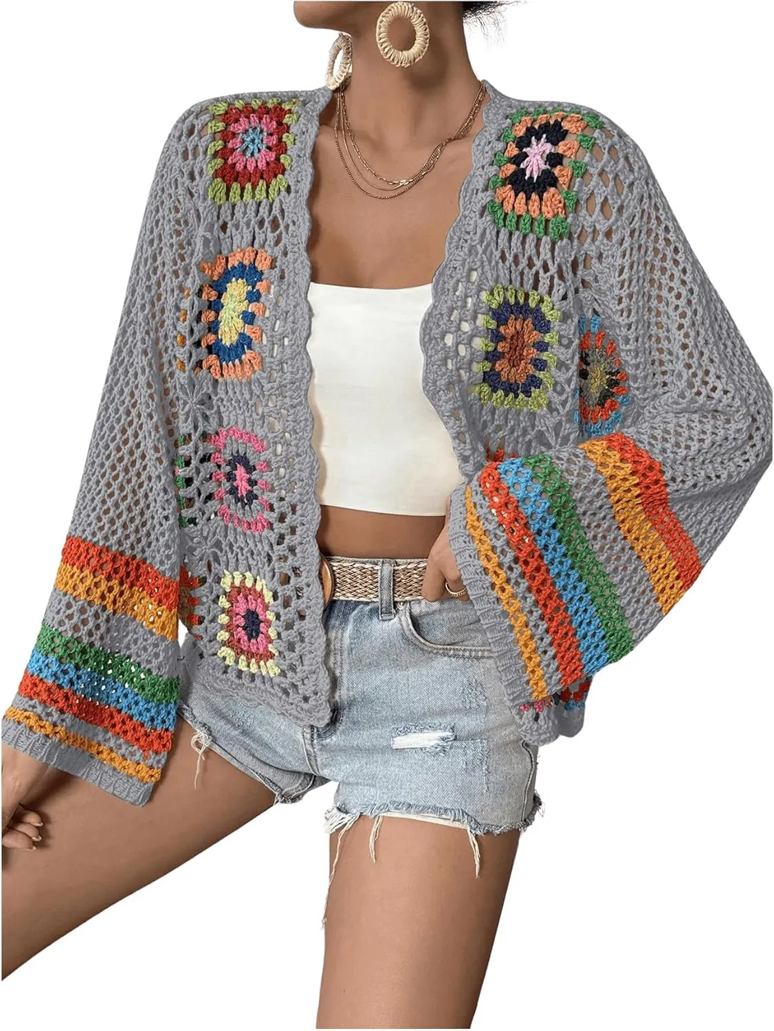 SHENHE Women's Floral Crochet Cardigan Hollow Out Open Front Long Sleeve Cardigan Sweater