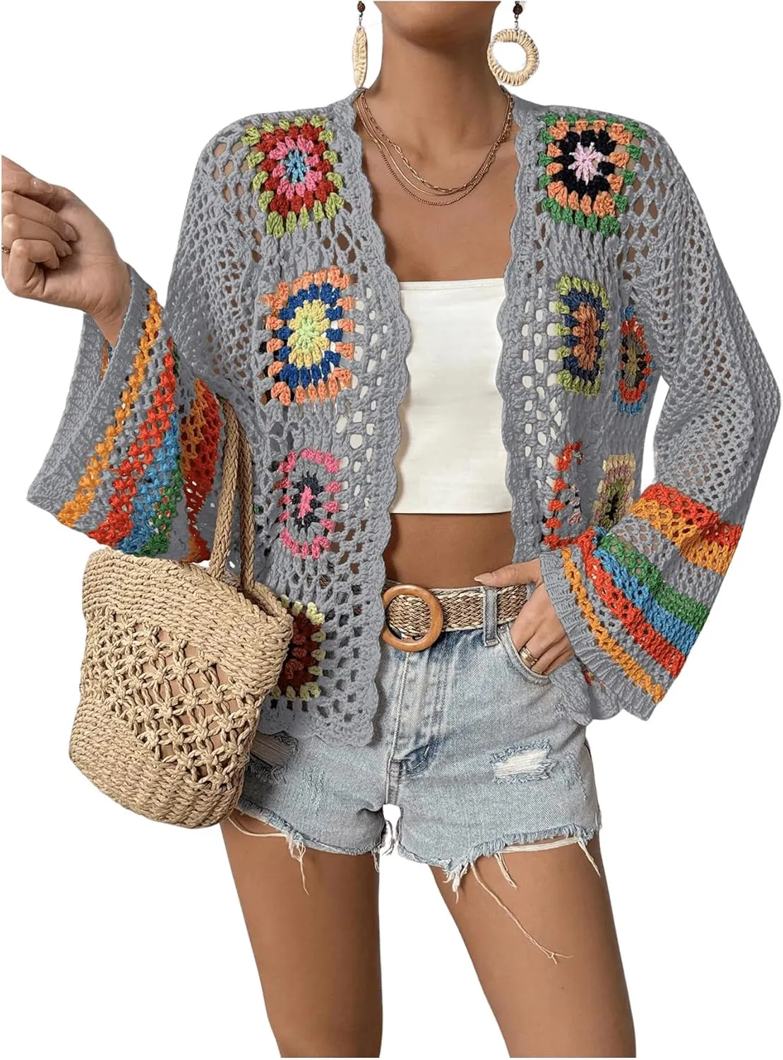SHENHE Women's Floral Crochet Cardigan Hollow Out Open Front Long Sleeve Cardigan Sweater