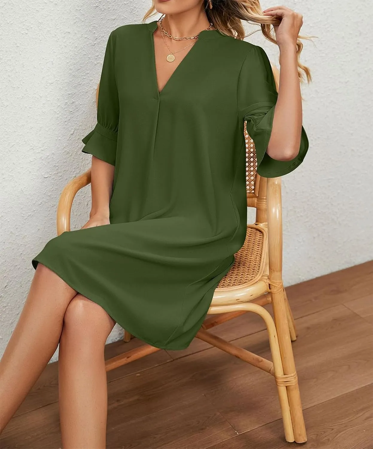 Shirts Dress for Women V Neck Short Sleeves Casual Flowy Summer Beach Vacation Shifts
