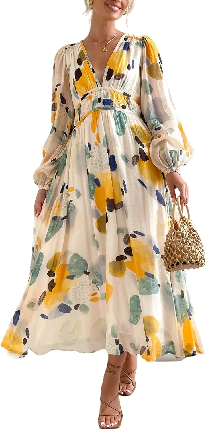 Sissyaki Women's Long Sleeve Boho Floral Maxi Dress Summer Fall Wedding Guest Dress