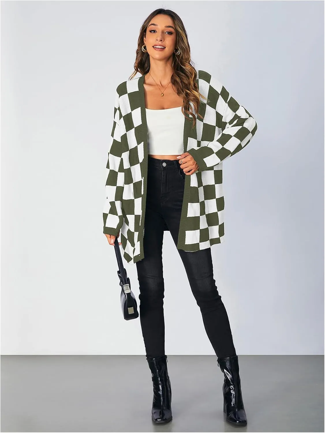 SOLY HUX Women's Long Sleeve Oversized Sweater Checkered Cardigan Open Front Outerwear Tops