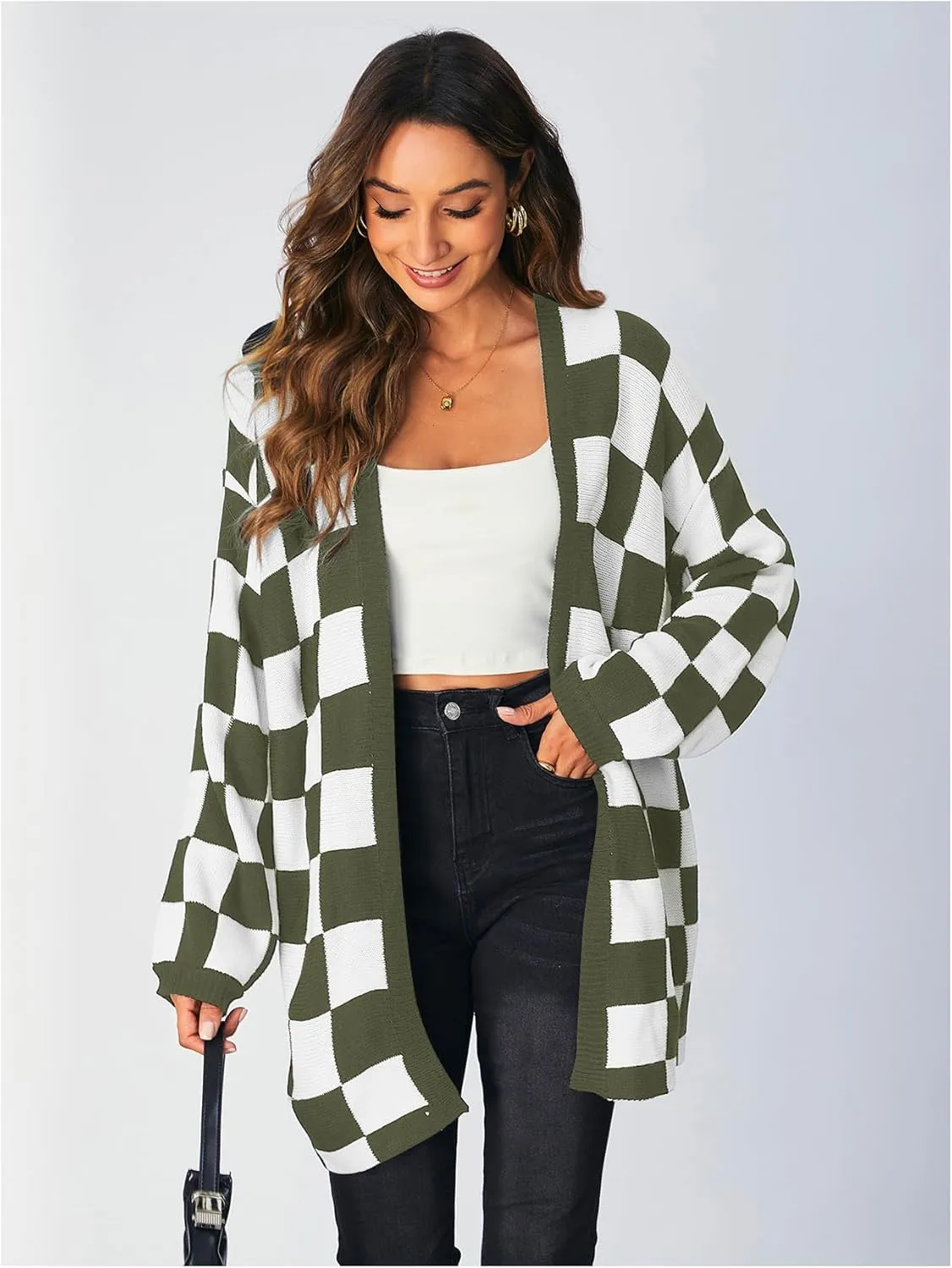 SOLY HUX Women's Long Sleeve Oversized Sweater Checkered Cardigan Open Front Outerwear Tops