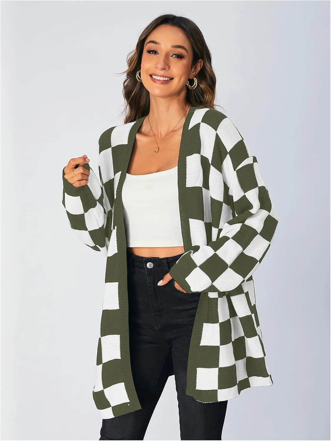 SOLY HUX Women's Long Sleeve Oversized Sweater Checkered Cardigan Open Front Outerwear Tops