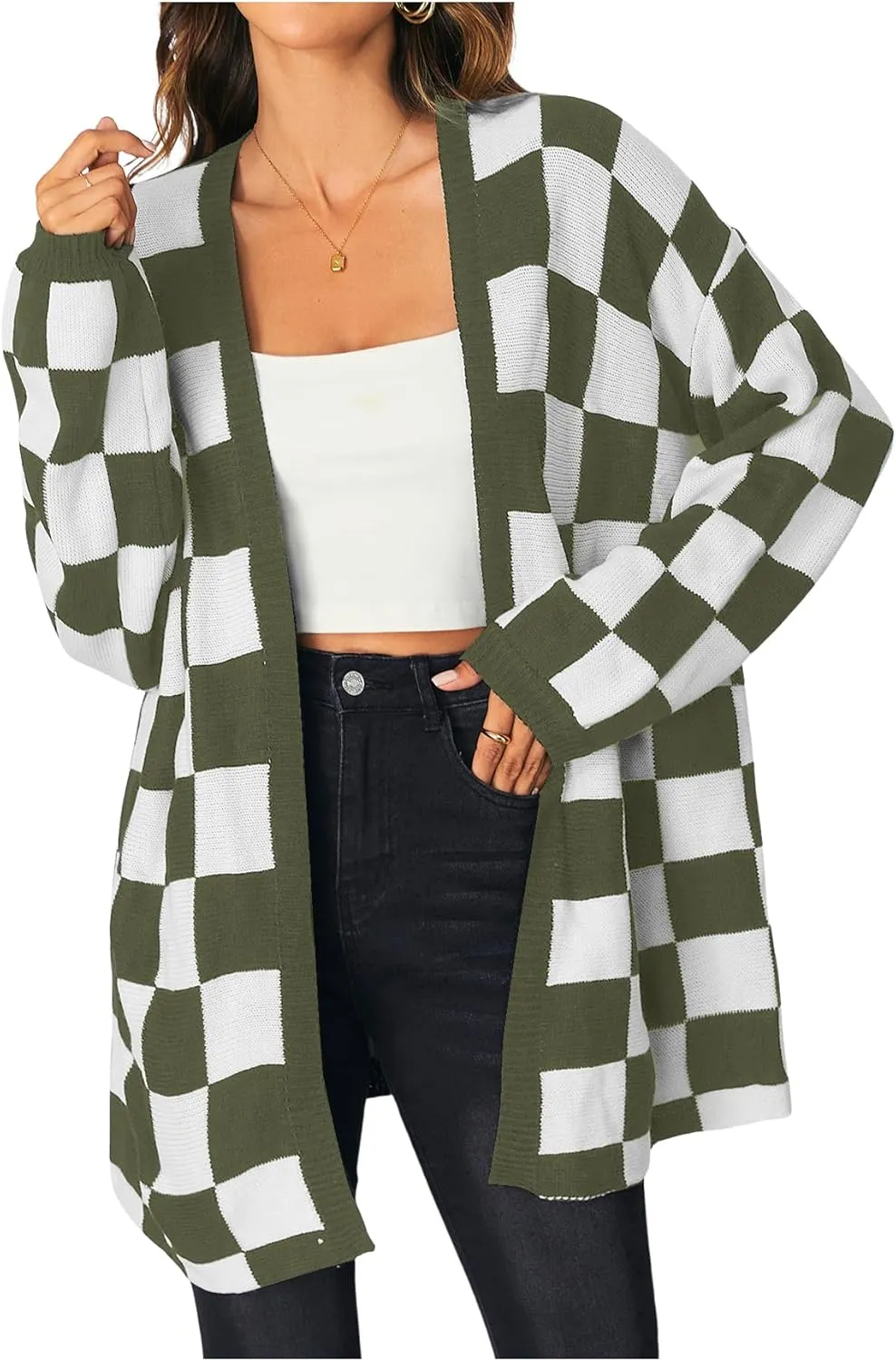SOLY HUX Women's Long Sleeve Oversized Sweater Checkered Cardigan Open Front Outerwear Tops