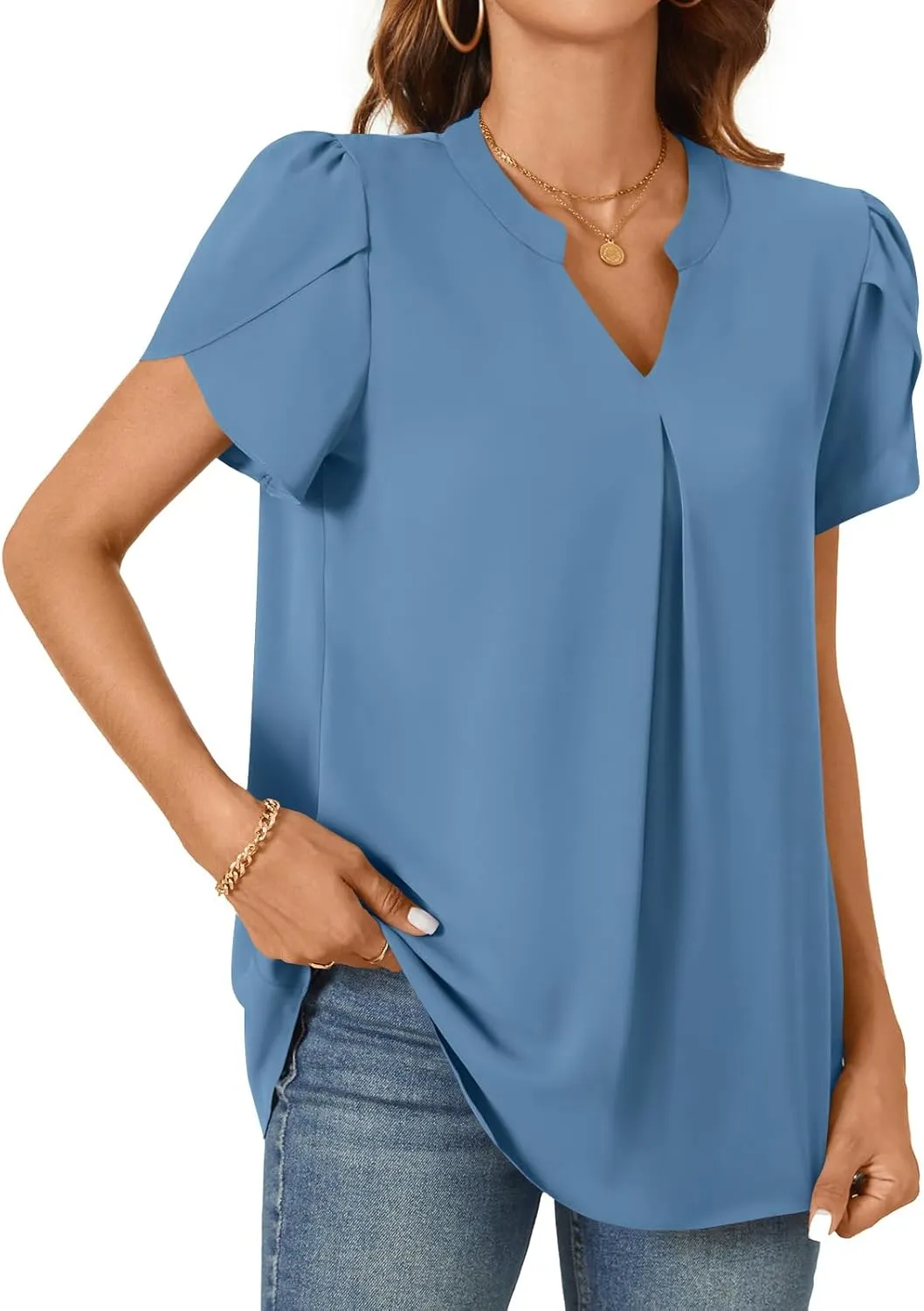 TAOHUADAO Womens Summer Dressy Chiffon Blouses Short Sleeve V Neck Tops for Leggings Casual T-Shirts