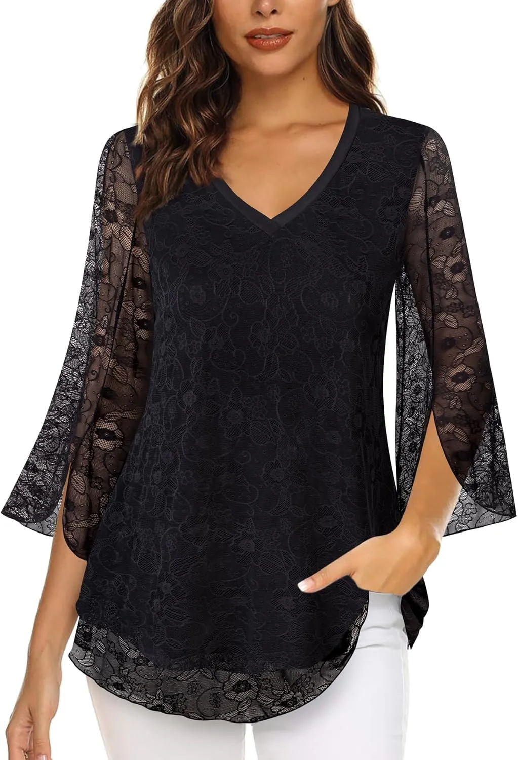Timeson Women's 3/4 Sleeve Floral Blouses Shirts Double Layers V Neck Dressy Tunics Tops