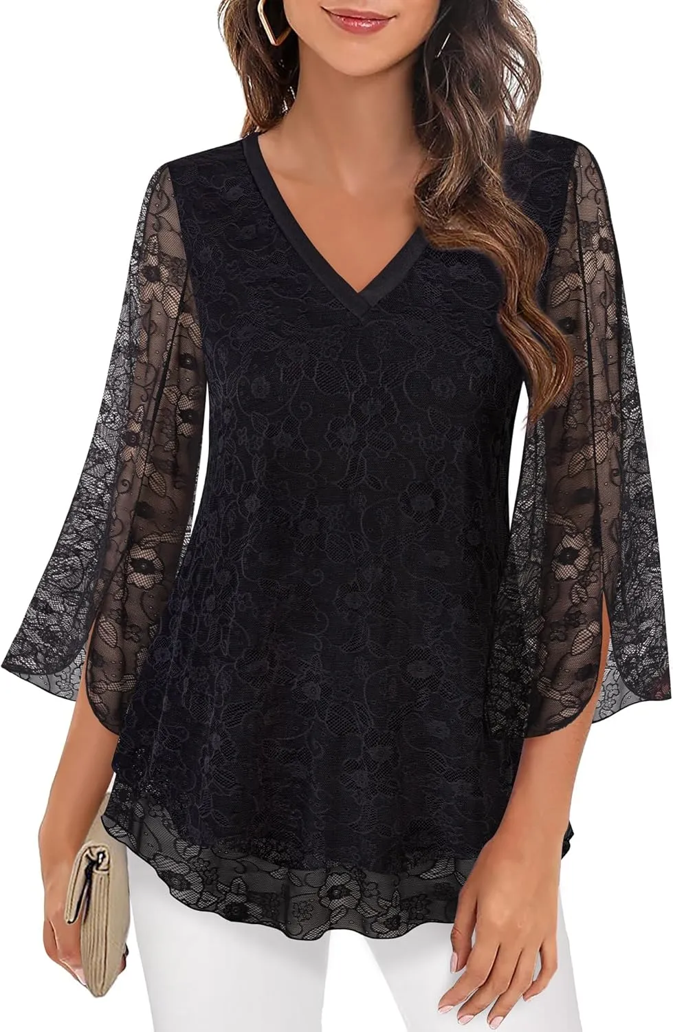 Timeson Women's 3/4 Sleeve Floral Blouses Shirts Double Layers V Neck Dressy Tunics Tops