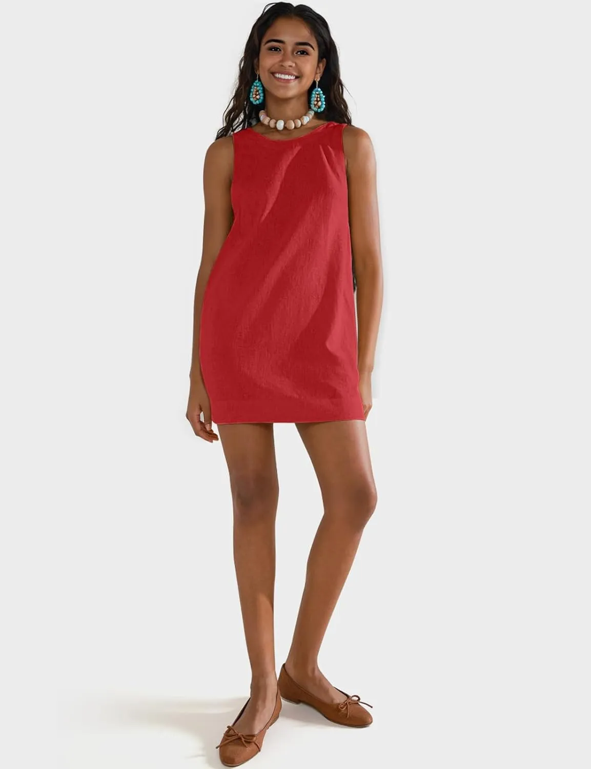 UEU Womens Summer Sleeveless Linen Mini Dress Casual Crew Neck Open Back Short Sundress with Pockets