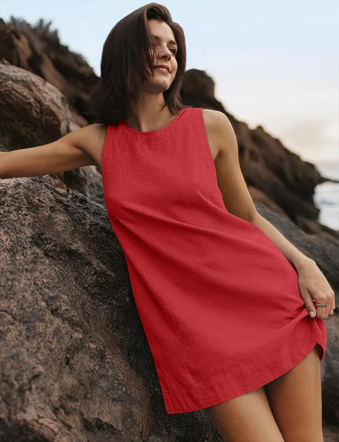 UEU Womens Summer Sleeveless Linen Mini Dress Casual Crew Neck Open Back Short Sundress with Pockets
