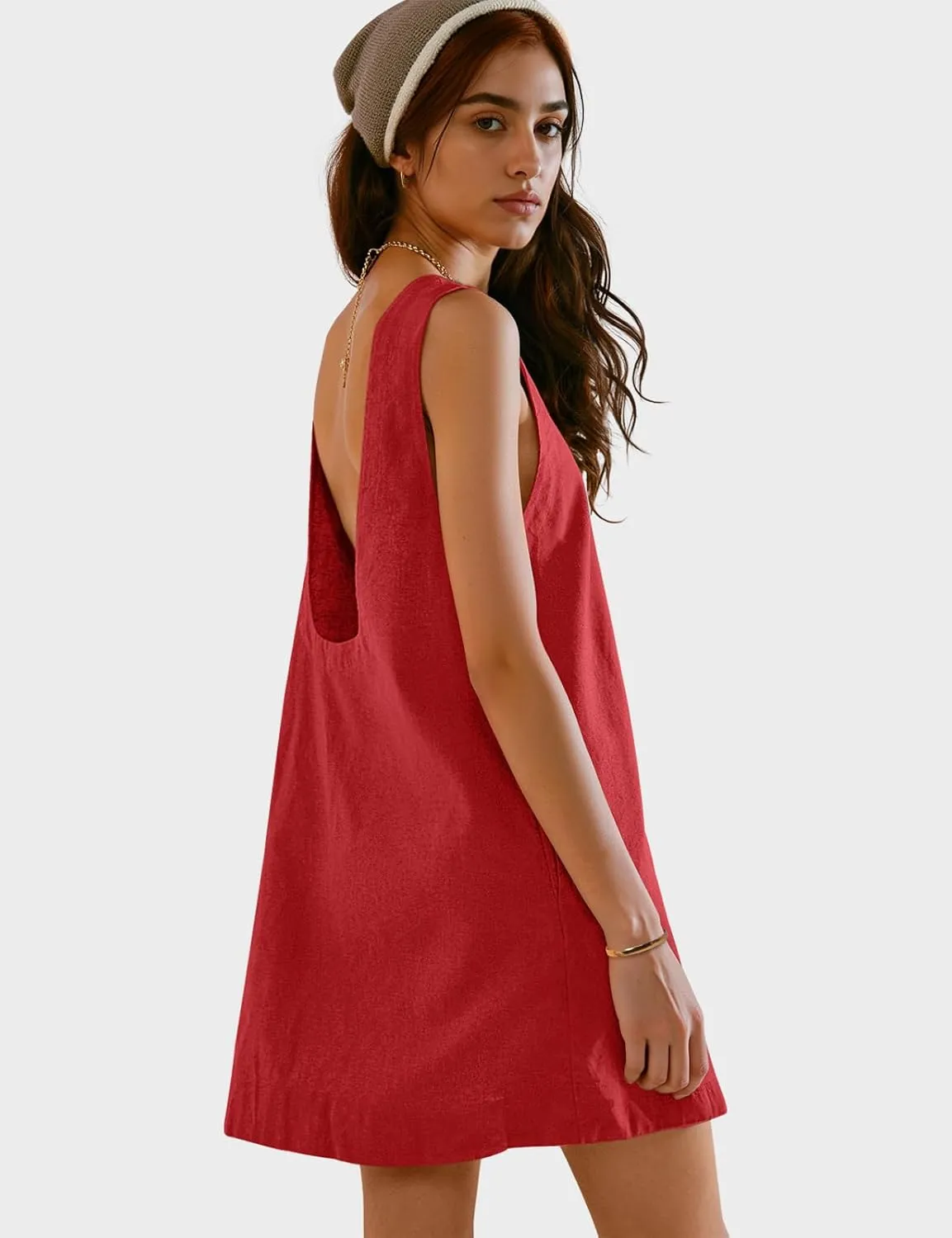 UEU Womens Summer Sleeveless Linen Mini Dress Casual Crew Neck Open Back Short Sundress with Pockets