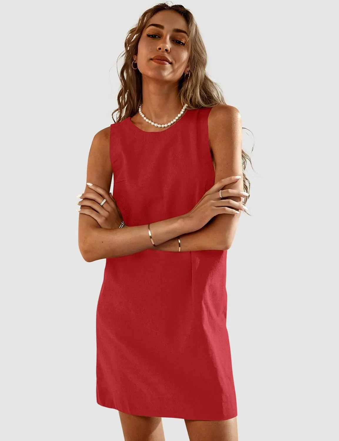 UEU Womens Summer Sleeveless Linen Mini Dress Casual Crew Neck Open Back Short Sundress with Pockets