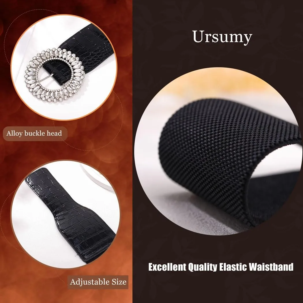 Ursumy Women Rhinestone Belts Fashion Wide Elastic Belts Sparkle Crystal Stretchy Belts for Dresses