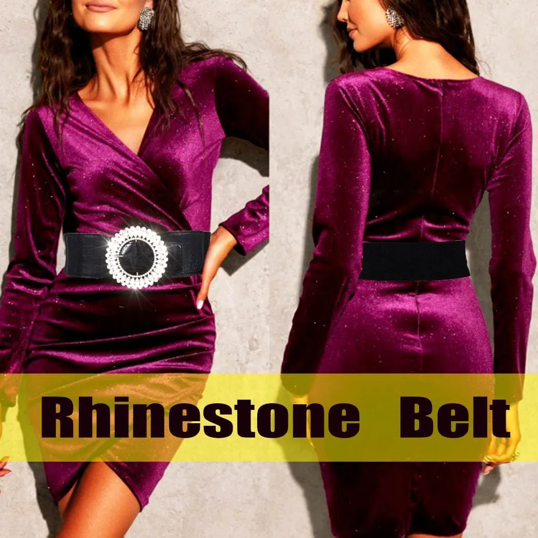 Ursumy Women Rhinestone Belts Fashion Wide Elastic Belts Sparkle Crystal Stretchy Belts for Dresses