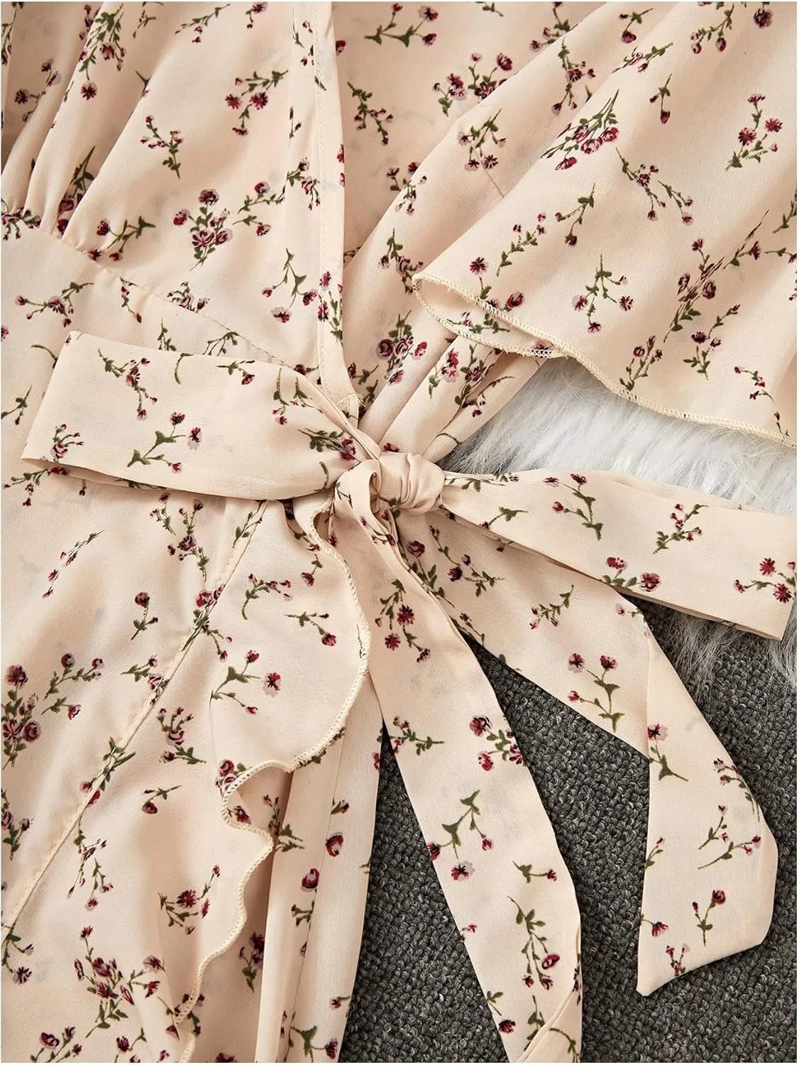 Verdusa Women's Floral Print Midi Dresses Boho Short Sleeve Wrap Dress with Belt