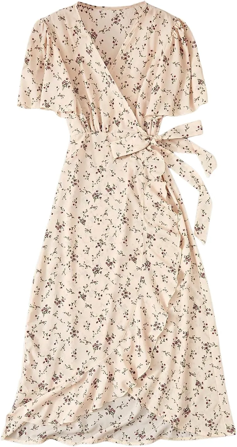 Verdusa Women's Floral Print Midi Dresses Boho Short Sleeve Wrap Dress with Belt