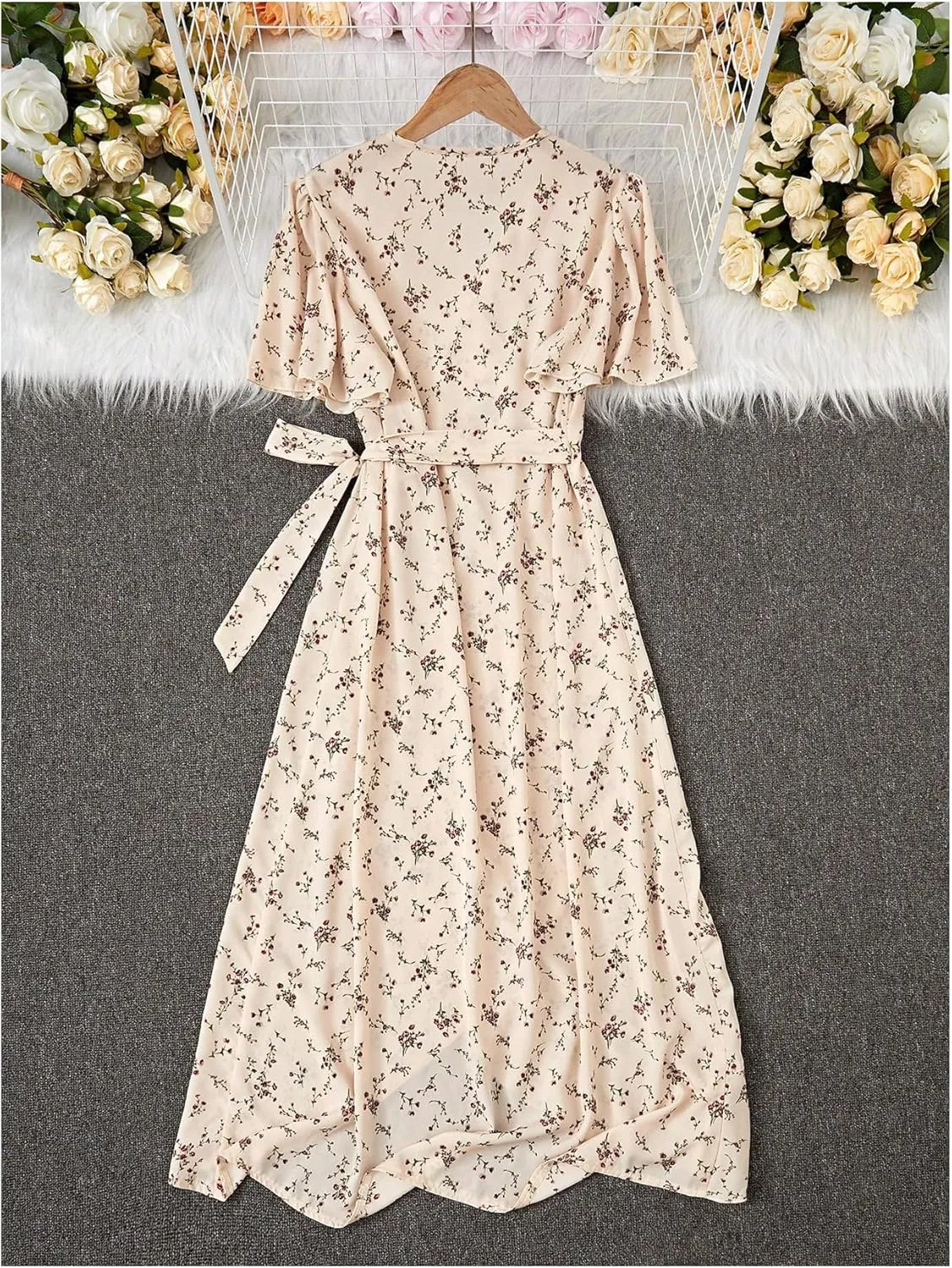 Verdusa Women's Floral Print Midi Dresses Boho Short Sleeve Wrap Dress with Belt
