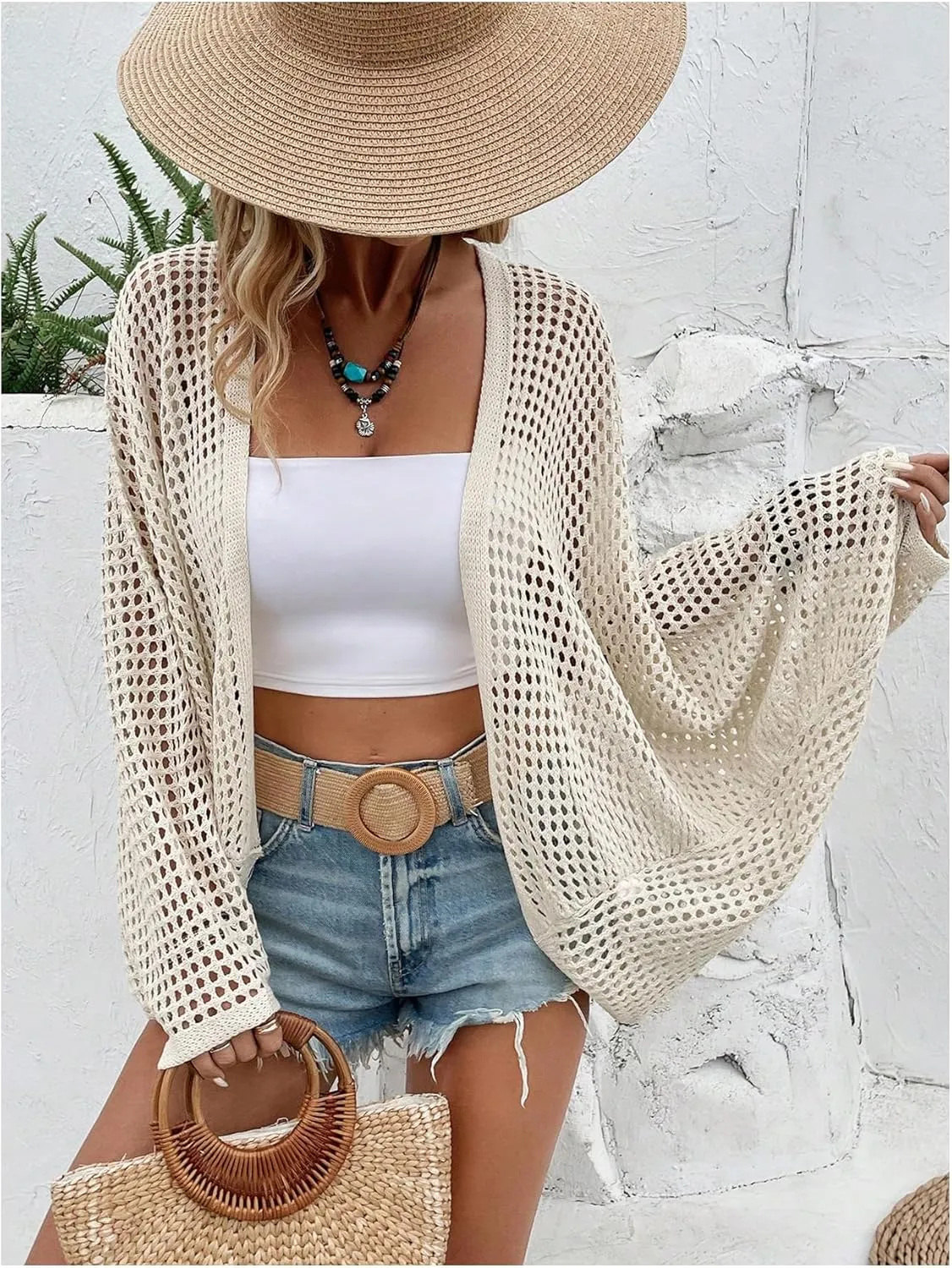 Verdusa Women's Hollow Out Open Front Long Sleeve Oversized Knitted Cardigan Sweater