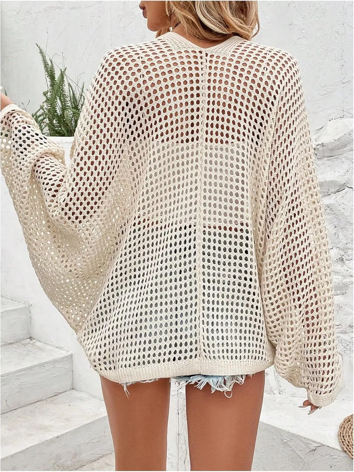Verdusa Women's Hollow Out Open Front Long Sleeve Oversized Knitted Cardigan Sweater