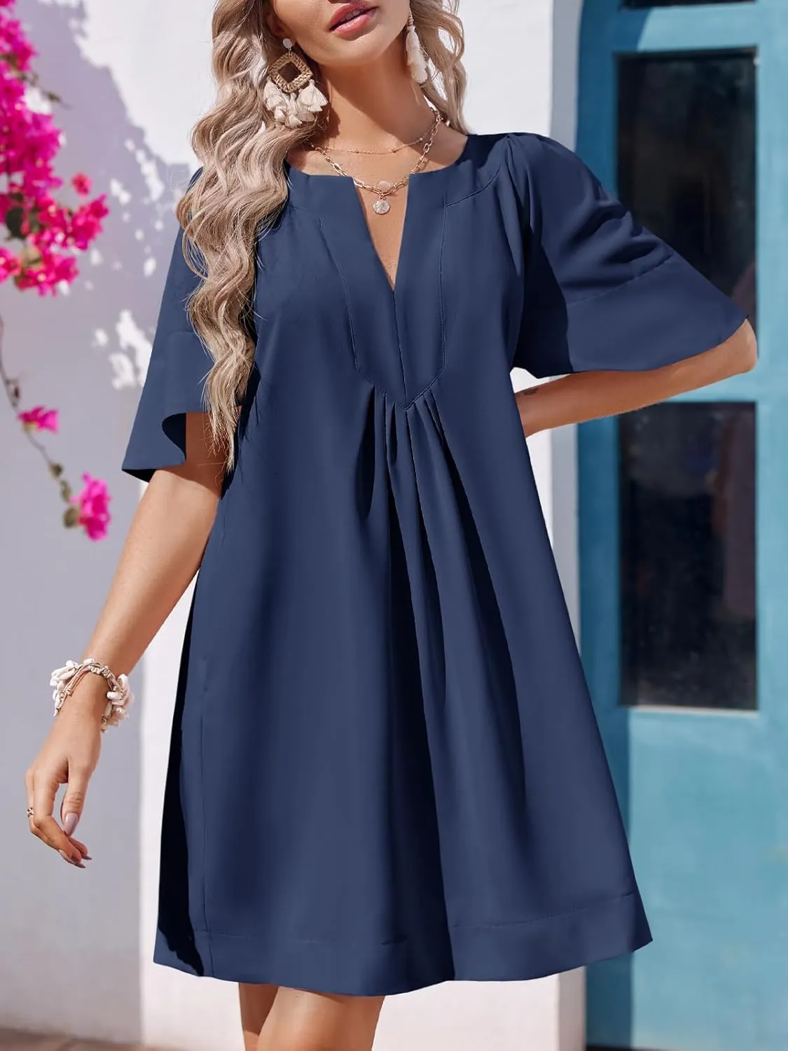 Wenrine Womens Flutter Short Sleeve Mini Dress Casual V Neck Loose Flowy Summer Dresses