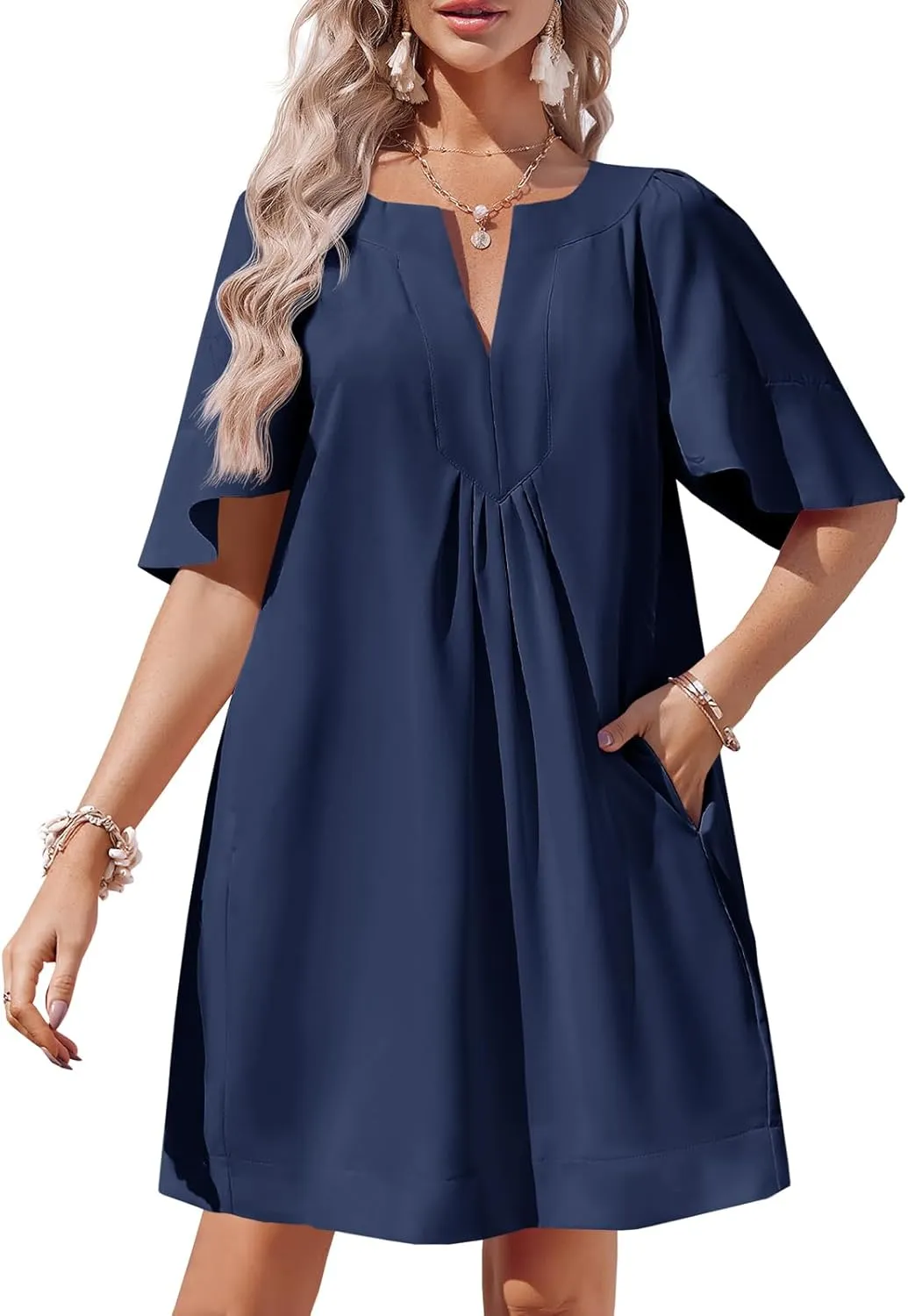 Wenrine Womens Flutter Short Sleeve Mini Dress Casual V Neck Loose Flowy Summer Dresses