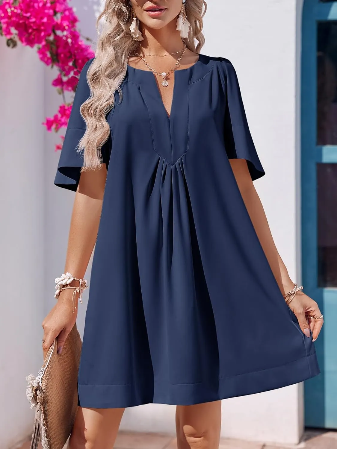 Wenrine Womens Flutter Short Sleeve Mini Dress Casual V Neck Loose Flowy Summer Dresses