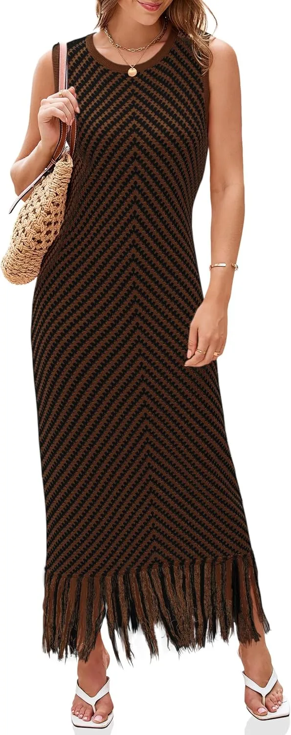 Wenrine Womens Summer Crochet Knit Dress Casual Striped Tassel Sleeveless Boho Maxi Dresses
