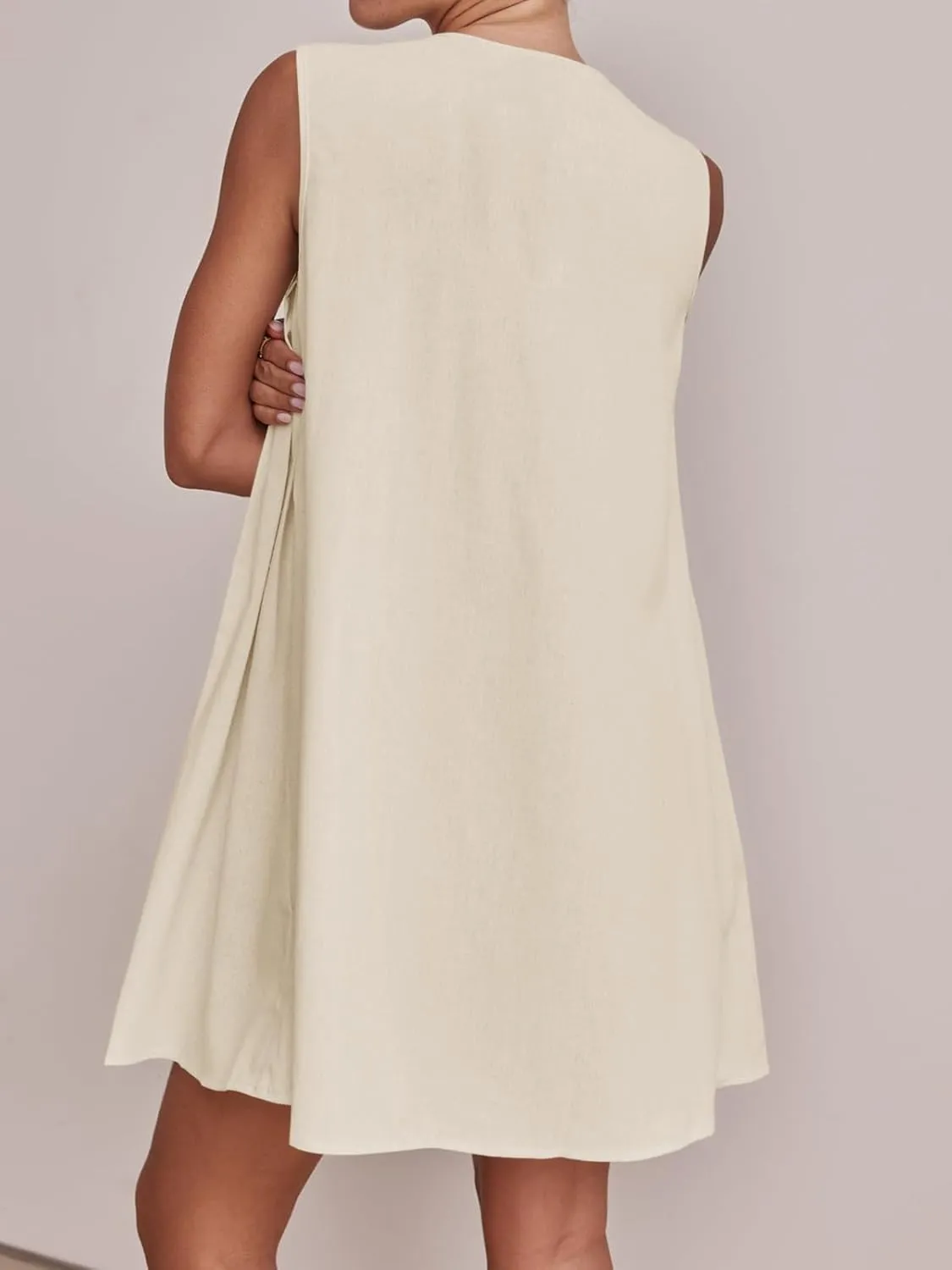 Wenrine Womens Tie Front Mini Dress Casual Bow Sleeveless Pleated Summer Loose Babydoll Dresses