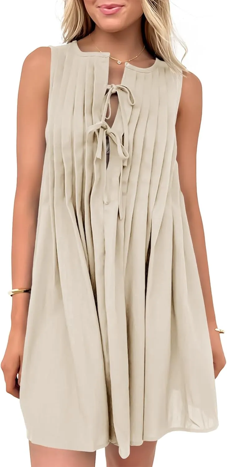 Wenrine Womens Tie Front Mini Dress Casual Bow Sleeveless Pleated Summer Loose Babydoll Dresses