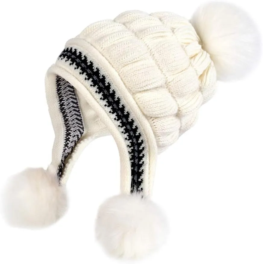 Winter Beanie Hats for Women Warm Cable Knit Beanies with Faux Fur Pompom Chunky Soft Thermal Skull Cap Ski Snow Hat
