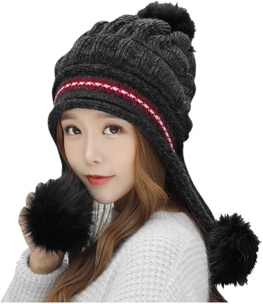 Winter Beanie Hats for Women Warm Cable Knit Beanies with Faux Fur Pompom Chunky Soft Thermal Skull Cap Ski Snow Hat