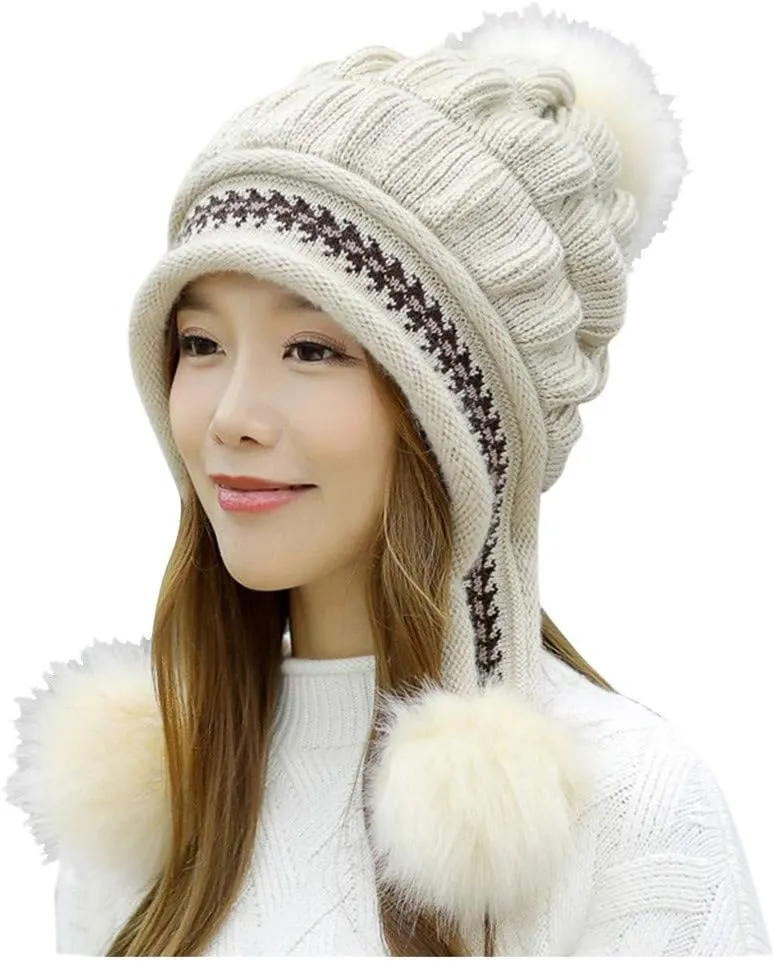 Winter Beanie Hats for Women Warm Cable Knit Beanies with Faux Fur Pompom Chunky Soft Thermal Skull Cap Ski Snow Hat