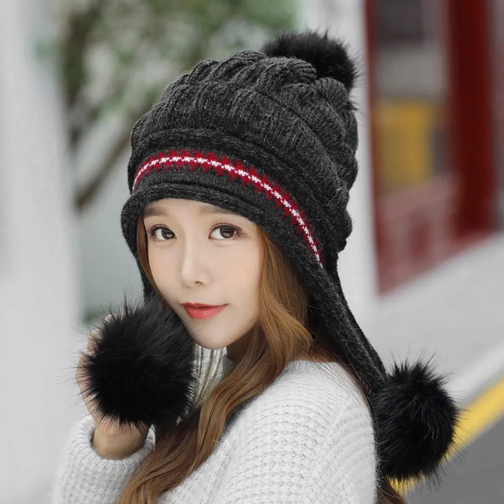 Winter Beanie Hats for Women Warm Cable Knit Beanies with Faux Fur Pompom Chunky Soft Thermal Skull Cap Ski Snow Hat