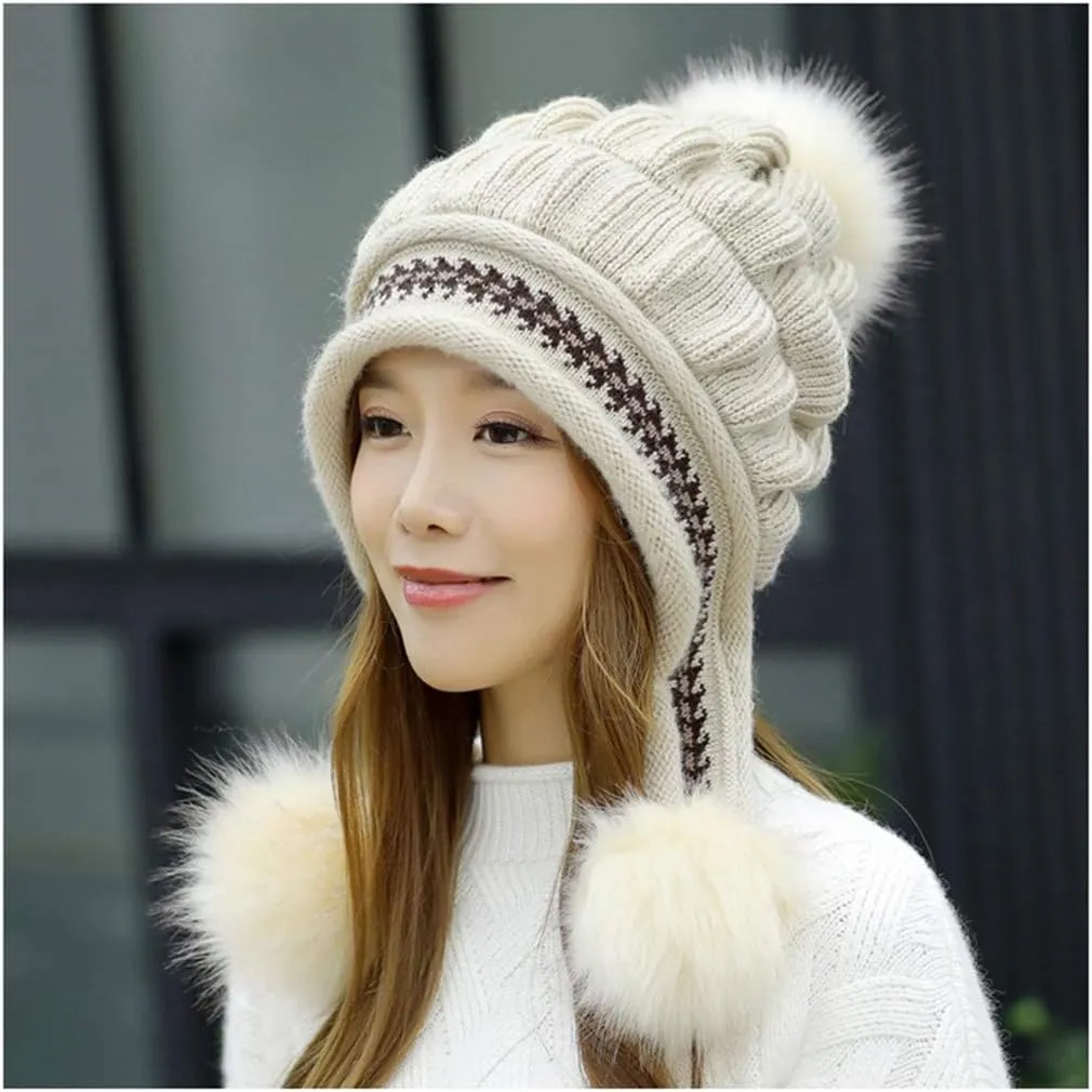 Winter Beanie Hats for Women Warm Cable Knit Beanies with Faux Fur Pompom Chunky Soft Thermal Skull Cap Ski Snow Hat