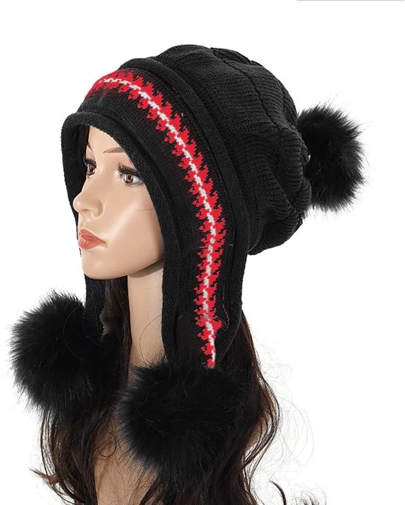 Winter Beanie Hats for Women Warm Cable Knit Beanies with Faux Fur Pompom Chunky Soft Thermal Skull Cap Ski Snow Hat
