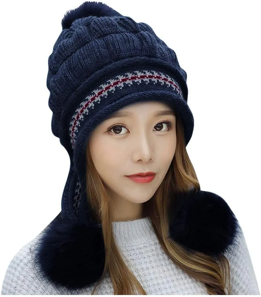 Winter Beanie Hats for Women Warm Cable Knit Beanies with Faux Fur Pompom Chunky Soft Thermal Skull Cap Ski Snow Hat