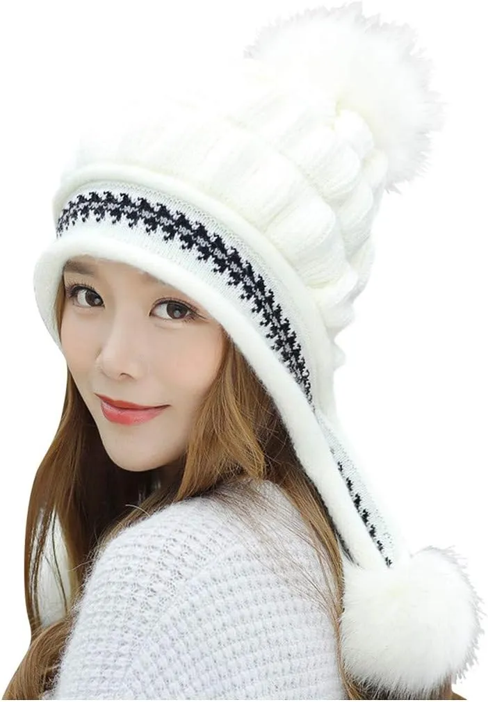 Winter Beanie Hats for Women Warm Cable Knit Beanies with Faux Fur Pompom Chunky Soft Thermal Skull Cap Ski Snow Hat