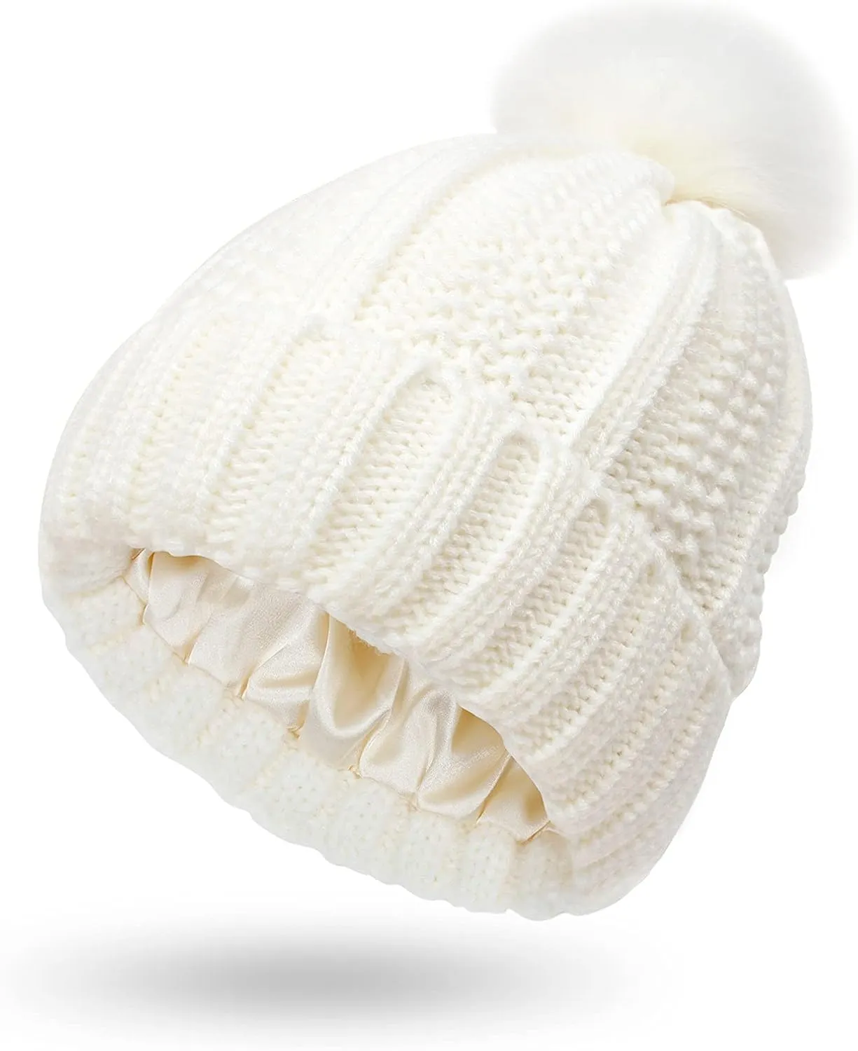 Winter Beanie Hats for Women Warm Cable Knitted Beanies with Pompom Soft Thermal Satin Lined Skull Cap Chunky Hat