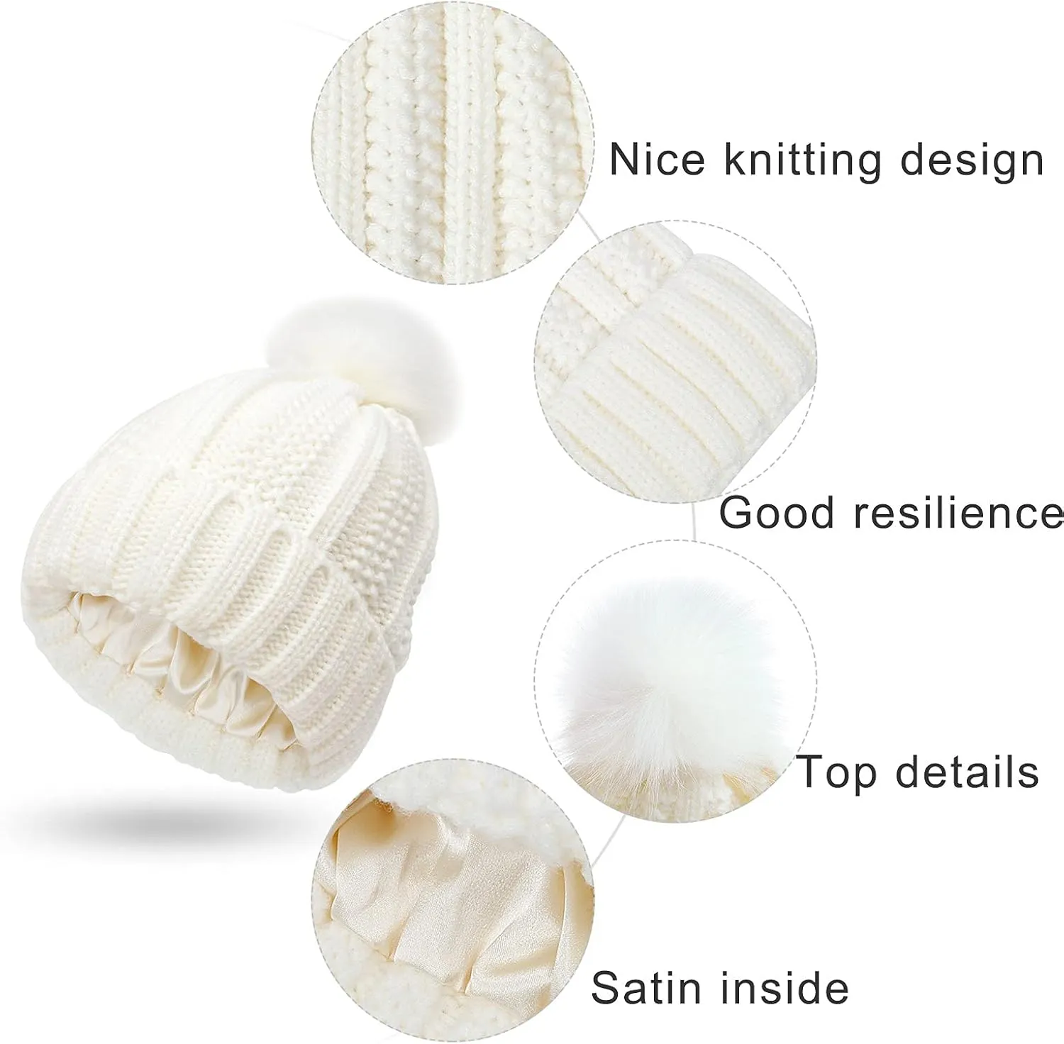 Winter Beanie Hats for Women Warm Cable Knitted Beanies with Pompom Soft Thermal Satin Lined Skull Cap Chunky Hat