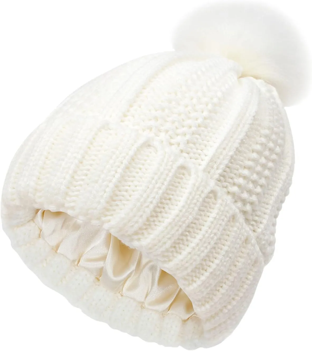 Winter Beanie Hats for Women Warm Cable Knitted Beanies with Pompom Soft Thermal Satin Lined Skull Cap Chunky Hat