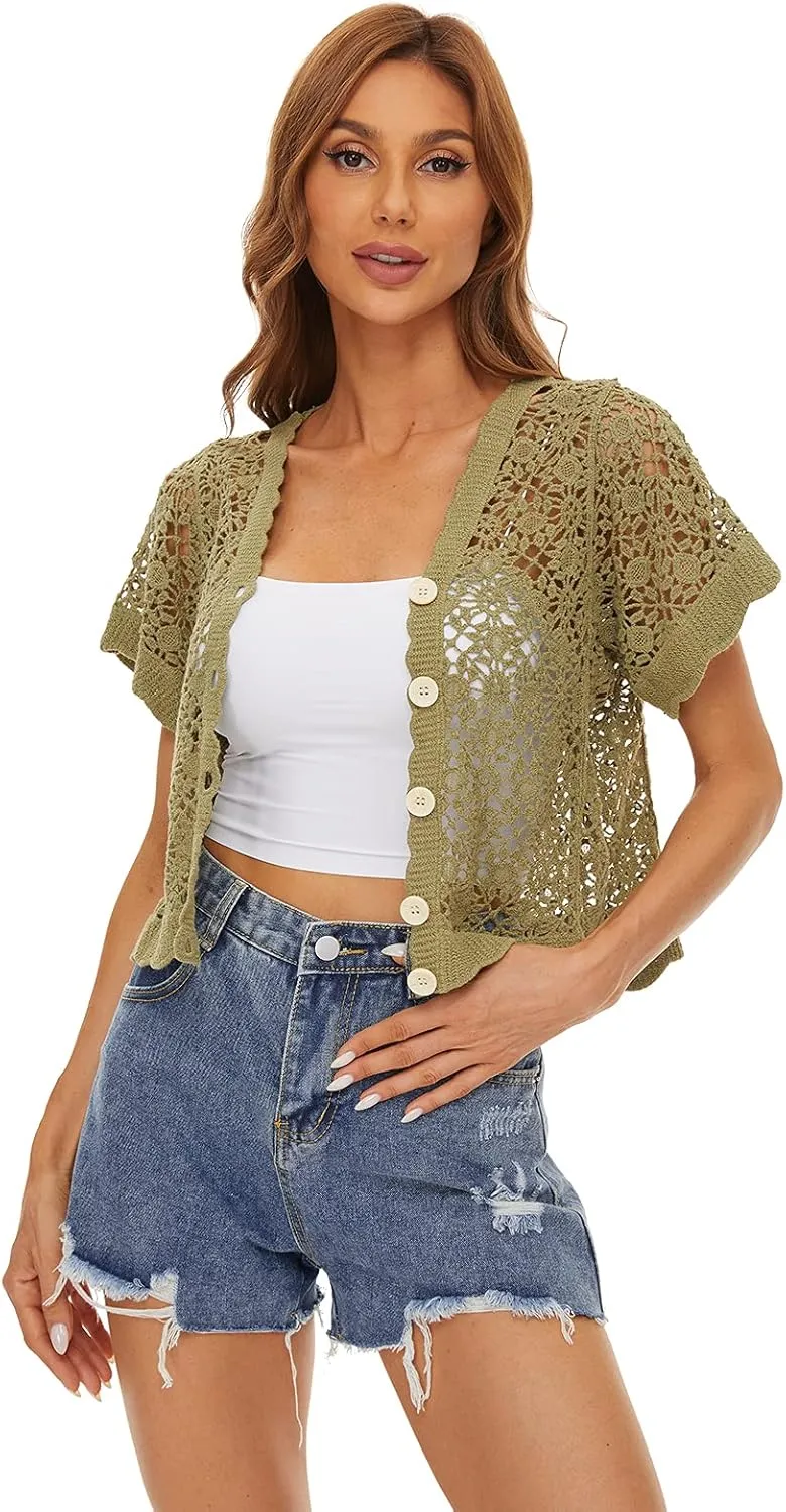 Women Cardigan Hollow Out Floral Cardigans White Crochet Shrugs