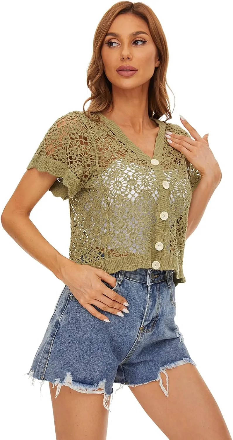 Women Cardigan Hollow Out Floral Cardigans White Crochet Shrugs