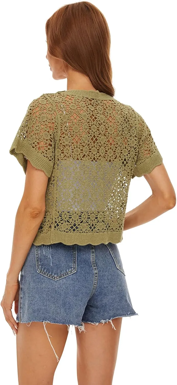 Women Cardigan Hollow Out Floral Cardigans White Crochet Shrugs
