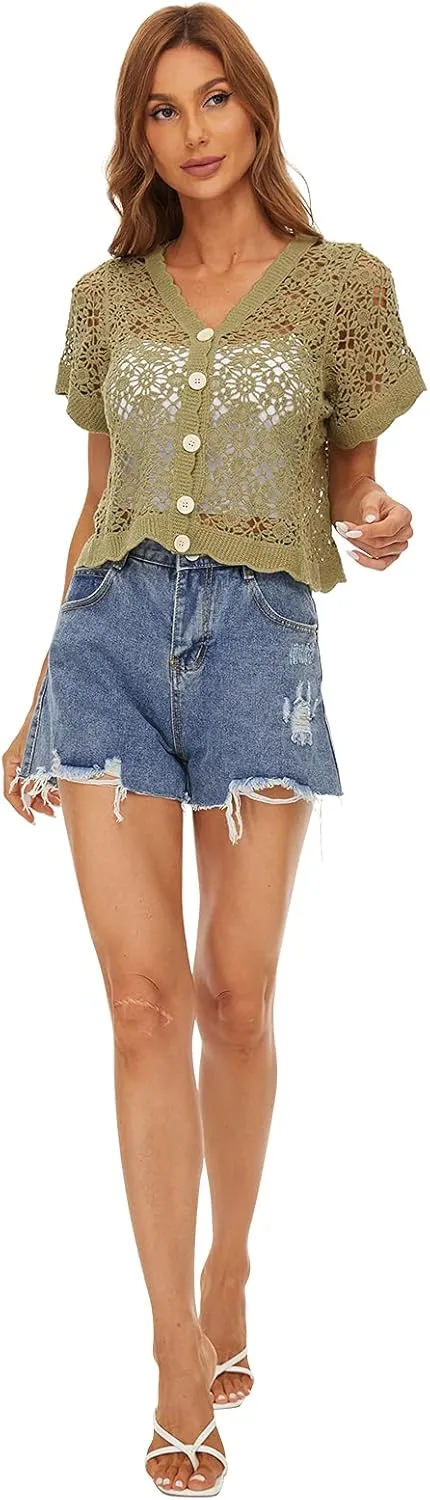 Women Cardigan Hollow Out Floral Cardigans White Crochet Shrugs