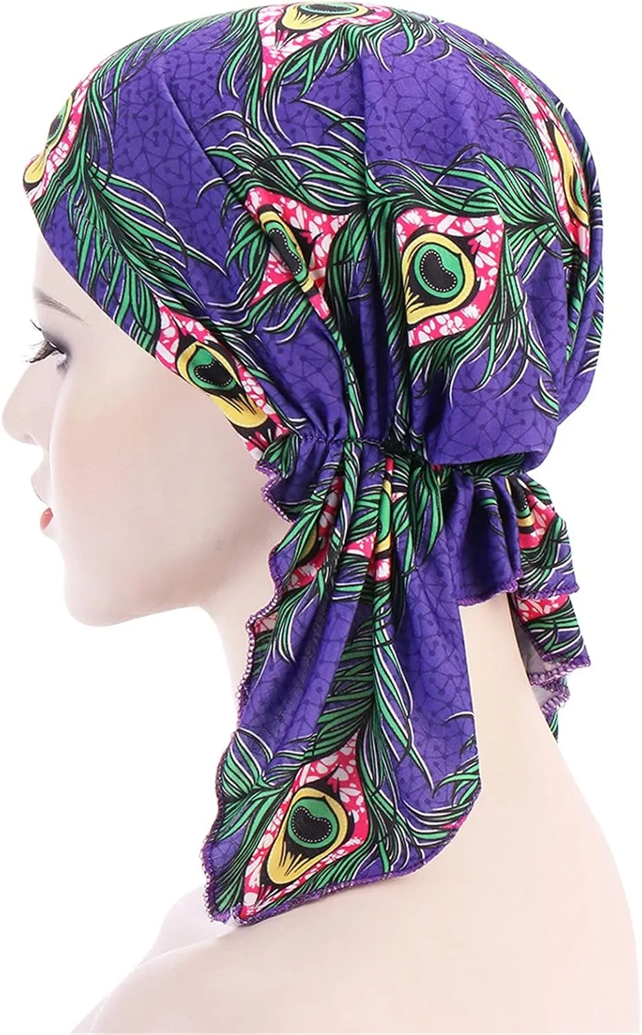 Women Slip-On Pre-Tied Beanie Stretch Printted Sleep Turban Hat Chemo Head Wrap Headwear Bandana for Cancer Hair Loss