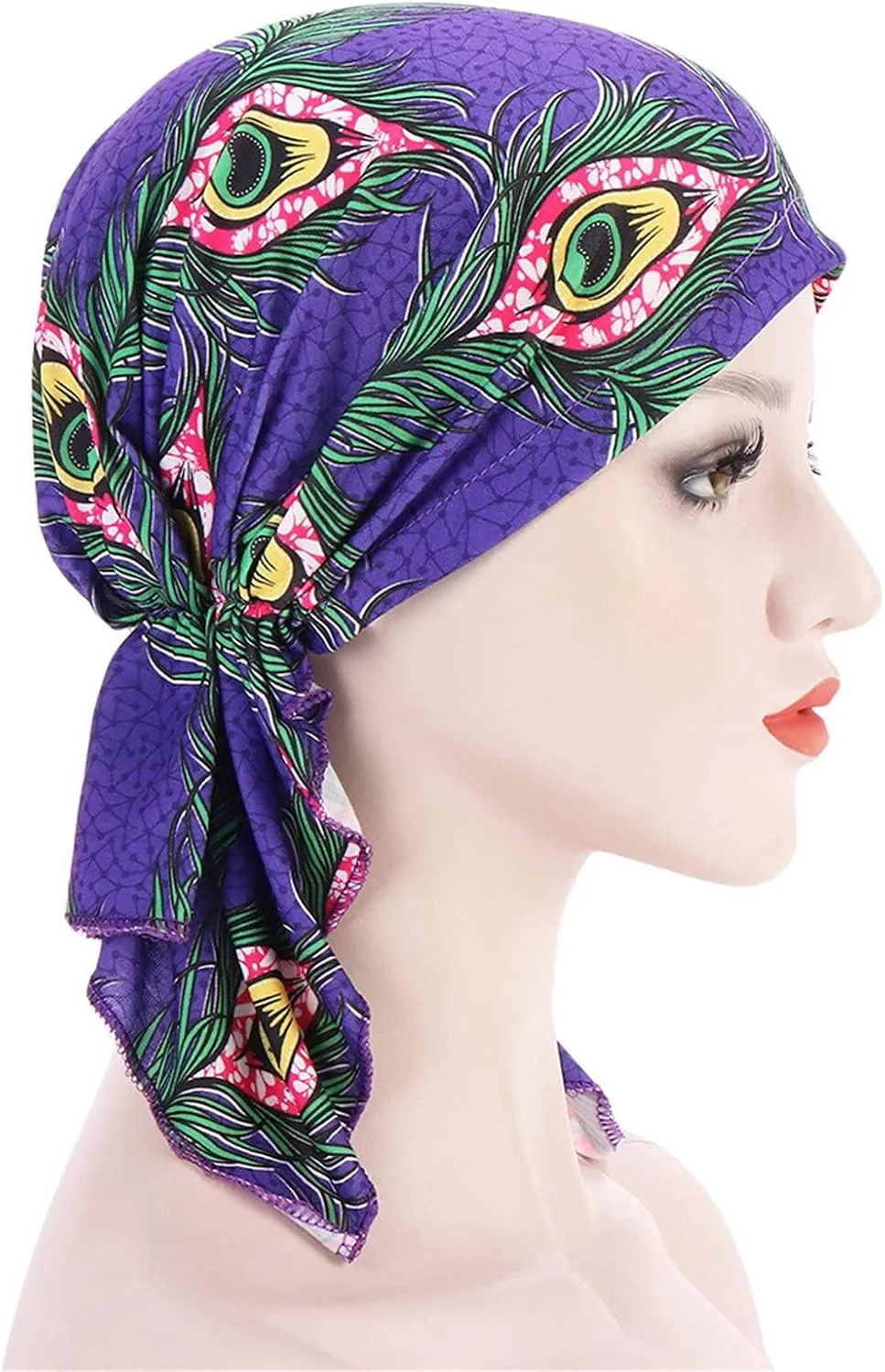 Women Slip-On Pre-Tied Beanie Stretch Printted Sleep Turban Hat Chemo Head Wrap Headwear Bandana for Cancer Hair Loss