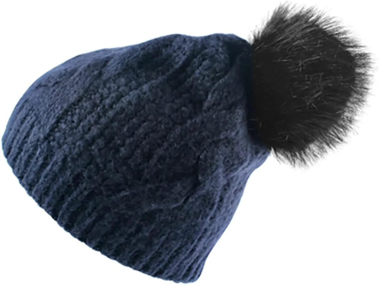 Women Winter Pompom Beanie Hat Fleece Lined Warm Beanies Hats, Thick Slouch Snow Chunky Knit Skull Ski Cap for Ladies