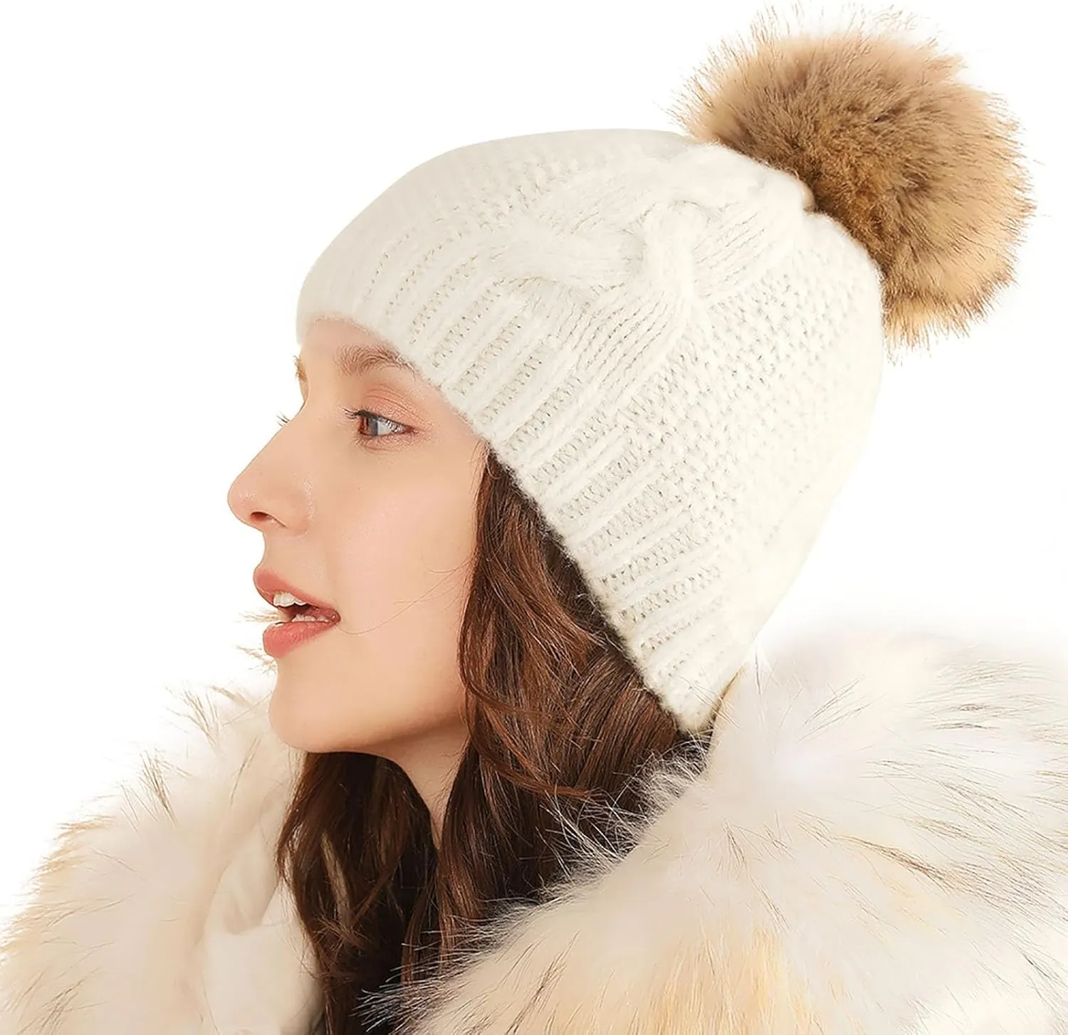 Women Winter Pompom Beanie Hat Fleece Lined Warm Beanies Hats, Thick Slouch Snow Chunky Knit Skull Ski Cap for Ladies
