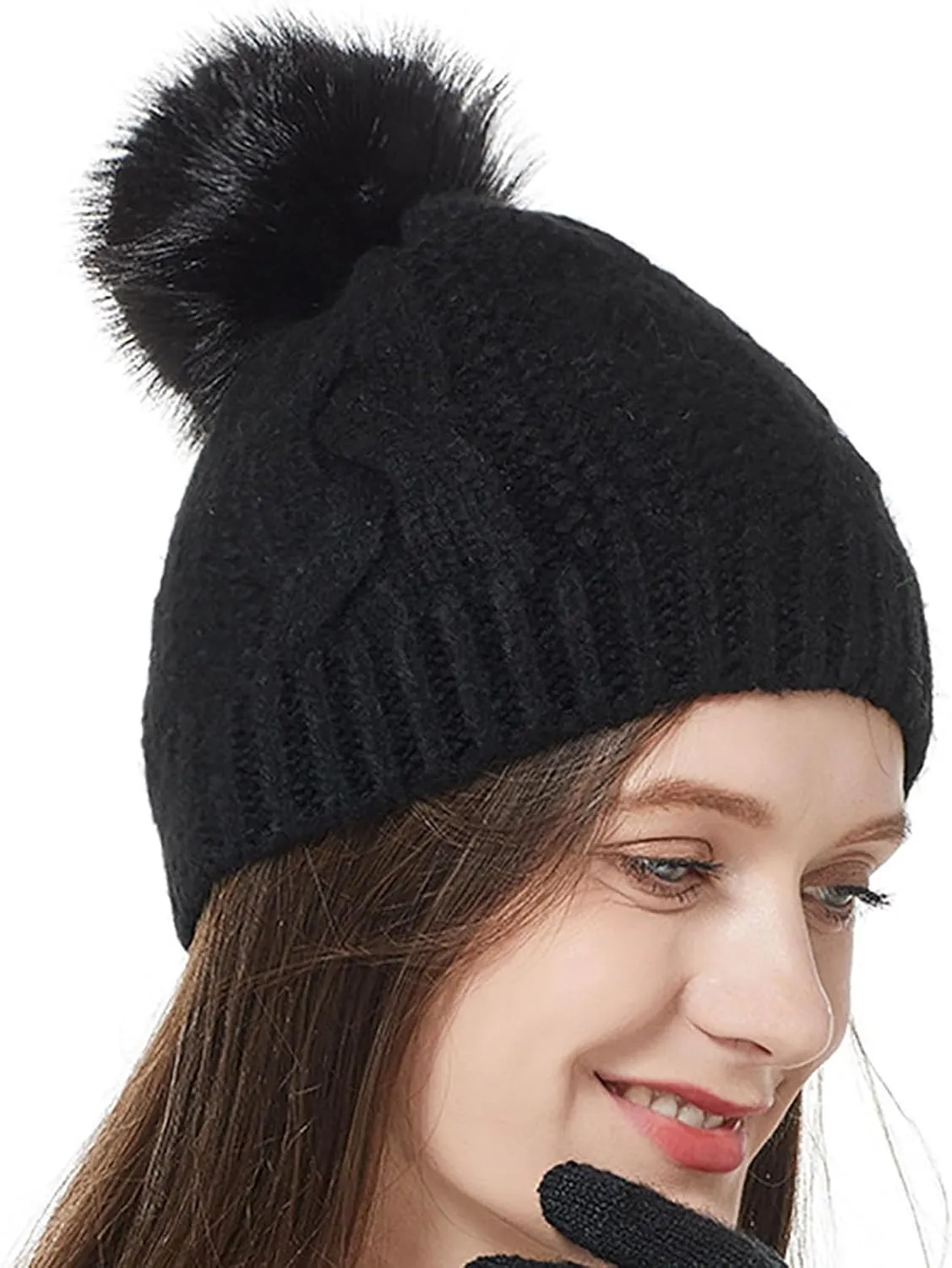 Women Winter Pompom Beanie Hat Fleece Lined Warm Beanies Hats, Thick Slouch Snow Chunky Knit Skull Ski Cap for Ladies