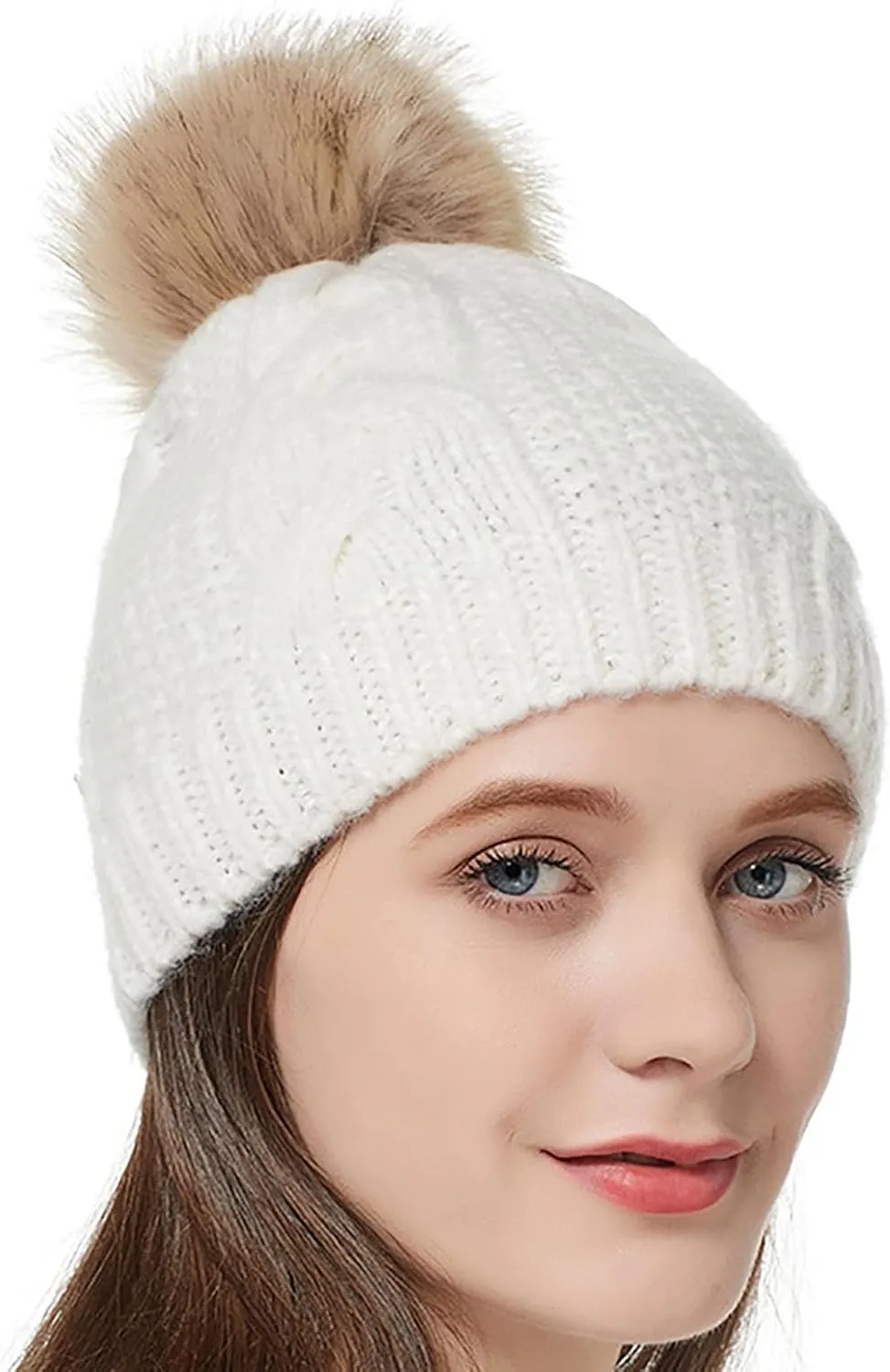 Women Winter Pompom Beanie Hat Fleece Lined Warm Beanies Hats, Thick Slouch Snow Chunky Knit Skull Ski Cap for Ladies